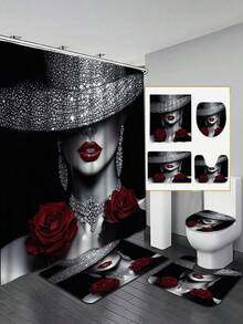 Luxury Red Rose Shower Curtain Set - Elegant Black And White Artistic Style Paired With Vibrant Red Roses, Includes Shower Curtain, Bath Mat, Toilet Lid Cover And Non-Slip Bathroom Mat, Adding Romantic And Sophisticated Charm To The Bathroom - A - View 12