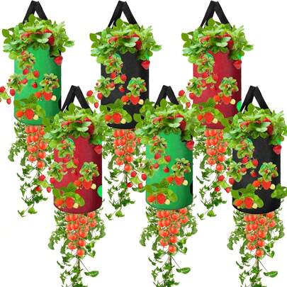 Gardens Upside Down Strawberry Planter Hanging Tomato Strawberry Grow Planter Bags Non-Woven Breathable Planting Containers With Holes For Outdoor Garden Balcony