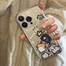 可爱卡通快乐猫咪图案，兼容 17 Pro Max，太空主题，16/15/14/13/12/11 个性化全包防震手机壳 - 無色 - 查看 3