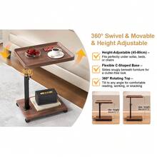 C-Shaped Sliding Side Table – Height Adjustable (18"-32"), 360° Swivel Top & Wheels, Multi-Use - Brown - View 1