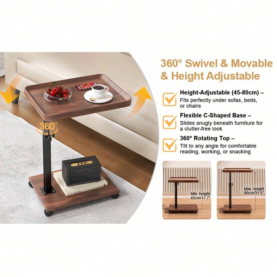 C-Shaped Sliding Side Table – Height Adjustable (18"-32"), 360° Swivel Top & Wheels, Multi-Use - Brown - View 1
