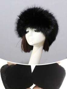 加厚羊毛耳罩头带，仿毛皮冬季头巾，休闲多功能，适合秋冬季时尚发饰女士发带 - 黑色 - 查看 5