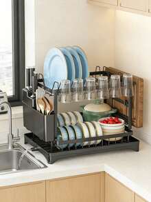 Double-Layer Kitchen Dish Rack | Integrated Sink Design + Quick Draining + Automatic Drainage, Complete Utensil Storage System. Suitable For Plates / Cups / Various Tableware. Saves Countertop Space And Is Suitable For Small Apartments / Studios. Available All Year Round. Integrated Storage Solves The Problem Of Draining. Essential In The Kitchen. Minimalist Design, Saves Space. - 黑色 - 查看 3