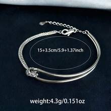 1pc Fashionable Minimalist Niche Unique 925 Sterling Silver Synthetic Cubic Zirconia Geometric Square Heart Round Chain Bracelet For Women, Wedding, Holiday, Party, Banquet - Silver - View 4