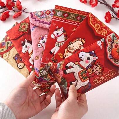 24pcs/12pcs/D Envelope, Chinese New Year Auspicious Horse Red Envelope - 6 Unique Gold Foil Designs, Festive Paper Bag For Celebrations, Ideal Gift And Festival Occasion, Festive Gift Bag | Decorative Envelope | Paper Envelope, Lunar New Year, Wedding, Birthday, 2026 Chinese New Year Red Envelope