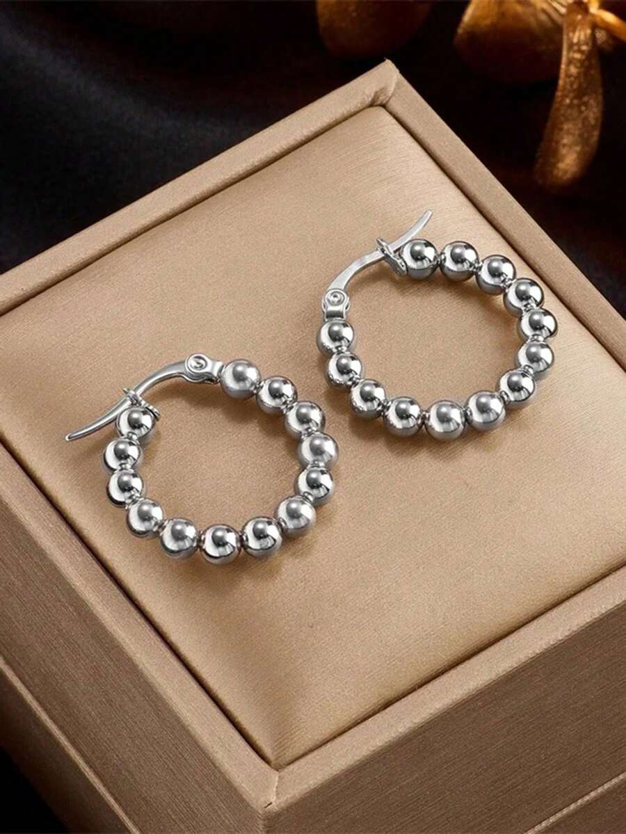 A Pair Of Fashionable Stainless Steel Bead Earrings For Women - Multicolor - View 1