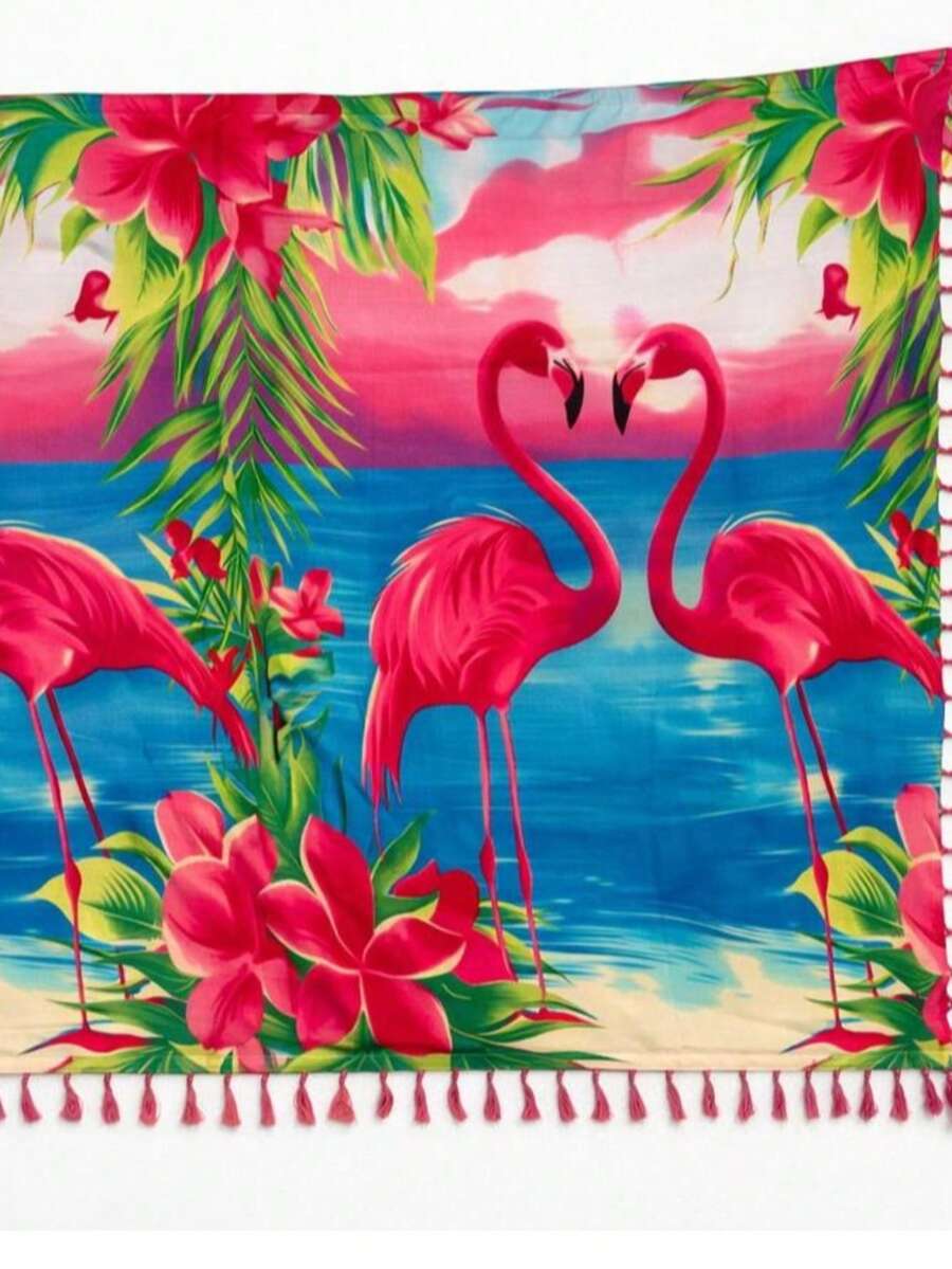 KIARA BRAZIL Canga De Praia Flamingos Tropical Verão Luxo-808 - Rosa chiclete - Visão 1