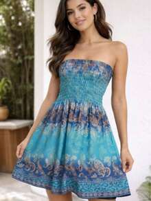 Strapless Floral Boho Dress With Elastic Waistband And Full Skirt - 青碧色 - 查看 1