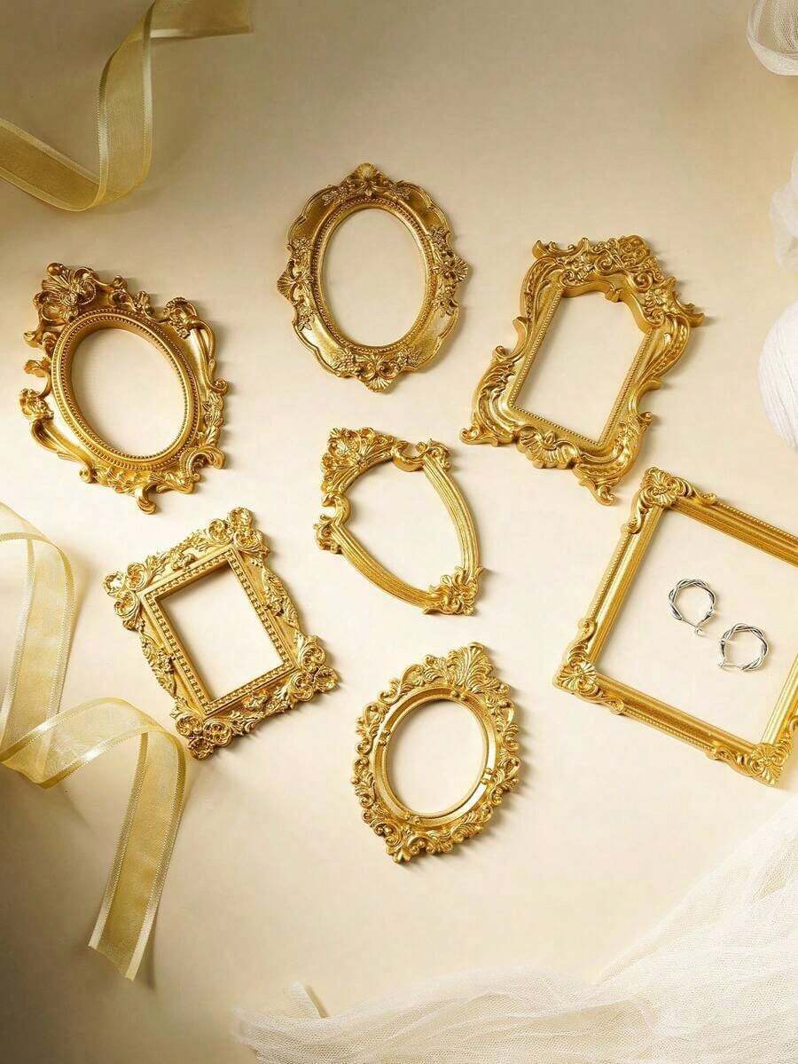 1pc Vintage Resin 3D Floral Pattern Gold Color Prop Photo Frame, Decor Accessory For Photography, Miniature House Decoration, Holiday Atmosphere 1J4P - Gold - View 1