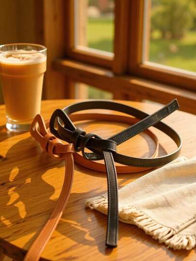 这款百搭的女士时尚配饰采用无扣细打结腰带设计，适合搭配连衣裙、裤子、外套、毛衣和西装外套，是休闲装扮的理想之选。其高端设计使其成为一款时尚百搭的PU皮革腰带，既适合日常通勤，也适合正式场合。腰带表面为仿皮材质。