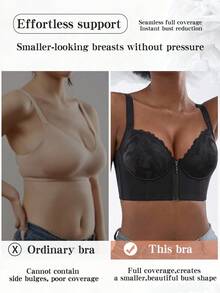 Women's Black Lace Underwire Push Up Bra - Front Zipper & Slimming Design& Easy On/Off - Black - View 5