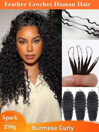 Third Generation 5Packs/250g Feather Crochet Human Hair Extensions 250g Burmese Curly Pre-Separated Burmese Spiral Curly Feather Human Hair For Knotless Boho Braids Natural Black Color Hair Extensions