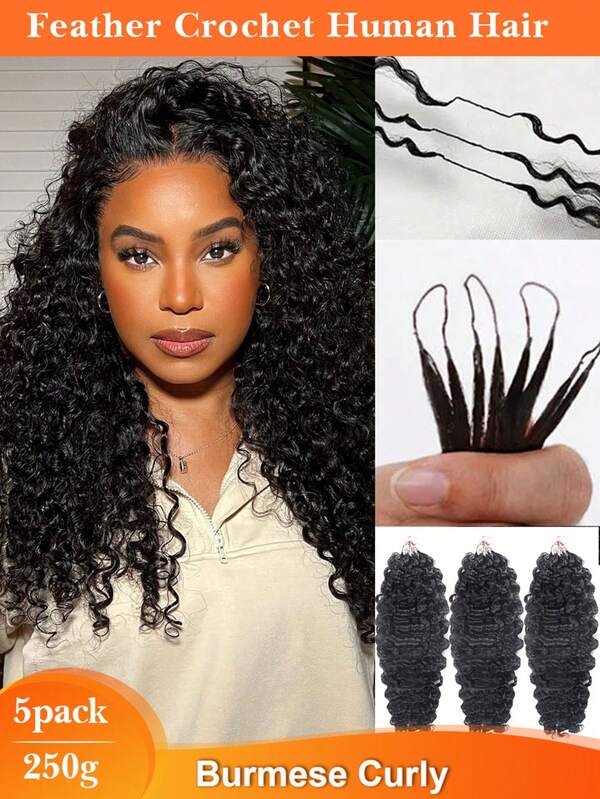 Third Generation 5Packs/250g Feather Crochet Human Hair Extensions 250g Burmese Curly Pre-Separated Burmese Spiral Curly Feather Human Hair For Knotless Boho Braids Natural Black Color Hair Extensions