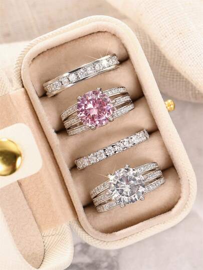 4 Pcs Gorgeous Cubic Zirconia Rings With Box For Women For Wedding Engagement Anniversary Party Jewelry Valentine's Day Gift