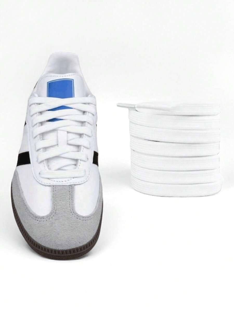 1 Pair Black & White Flat Braided Non-Slip Polyester Casual Sports Classic Sneakers With Shoelaces - White - View 1