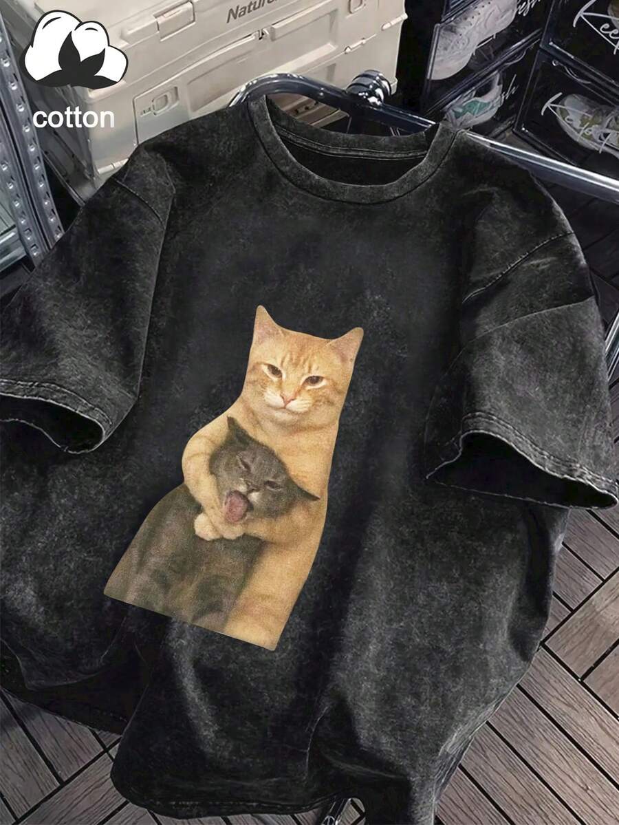 Camiseta de manga corta casual con estampado de gato para mujer, adecuada para el Día de San Valentín, vacaciones, uso en verano, color negro - Negro - Ver 1