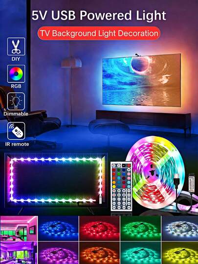 3,28-16,4 ft Tira de iluminación USB con control remoto de 44 teclas, luz nocturna/retroiluminación de TV RGB regulable y de color cambiante, flexible para dormitorio, habitación, techo, fiesta, decoración navideña, regalo
