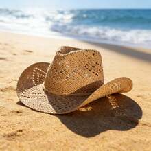 Hollow Western Cowboy Hat Combines Straw Material With Retro Design. It Has A Wide Brim And A Classic Hat Shape. It Has Both Sun Protection And Style. It Is Suitable For Summer Travel, Beach Parties Or Theme Activities, Showing The Free And Unrestrained Western Style And Personality Declaration. - Khaki - View 4