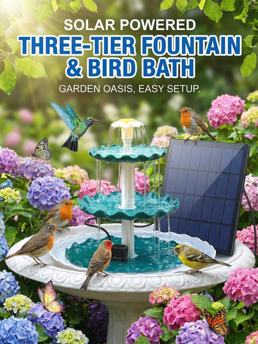 3 Tiered Bird Bath With 3.5W Solar Pump, DIY Solar Fountain Detachable And Suitable For Bird Bath, 3.5W For Solar Bird Bath Fountain, Three-Layer Bird Bath For Solar Fountain, Solar Fountain Pump For Garden Use, Courtyard, Outdoor, Pond, Garden Decoration - Three-layer Wave Style - View 1