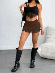Lace Trim Solid Color Casual Everyday Versatile Side Zipper Ruffle Hem Shorts Summer - Coffee Brown - View 7