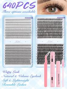 640片装（10D+20D+30D+40D、30D+40D+50D+60D、50D+60D+80D+100D）卷翘簇状假睫毛超值套装，包含新手友好型假睫毛教程、蓬松DIY分段式假睫毛、胶水、卸妆液、镊子、睫毛刷，可重复使用。 - 黑色 - 查看 12
