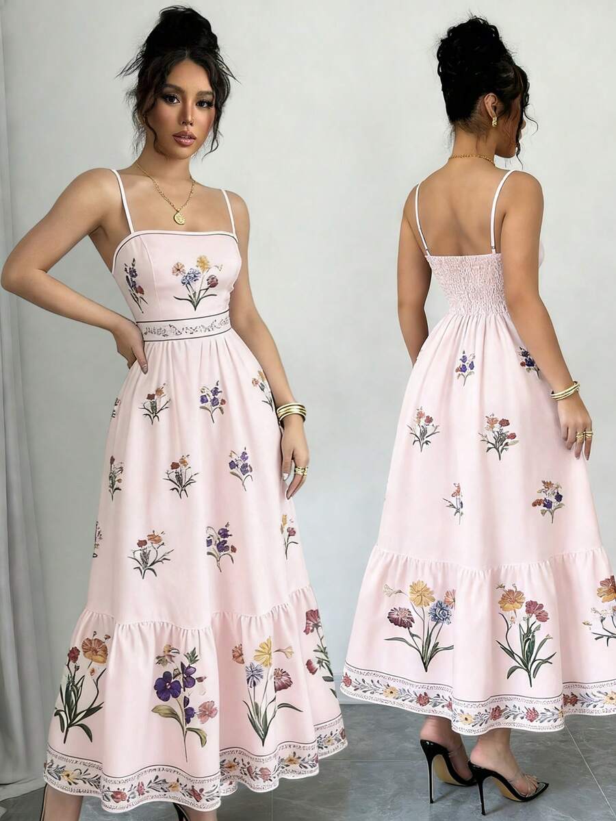 Women's Long Dress, Halter Neck Style With Vintage Print, Gathered Waist At The Back, Adjustable Straps, Elegant Dress. - Xem 1