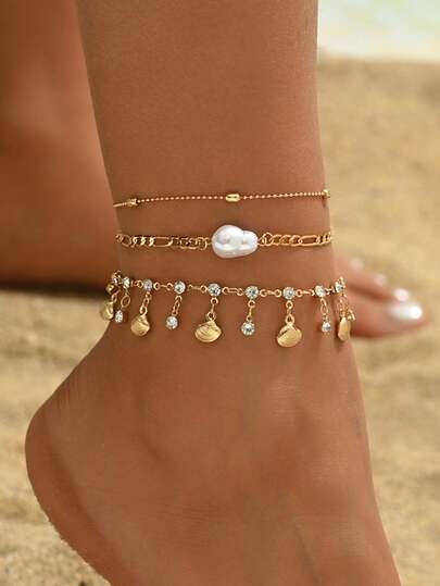 3pcs/Set Summer Beach Shell Tassel Rhinestone Pendant Anklet, Fashionable Faux Pearl Decor Jewelry Set, Suitable For Daily Wear, Beach, Party, Music Festival. Handmade Chains Can Be Trimmed To Length, Shell And Rhinestone Quantity Varies In Random Order