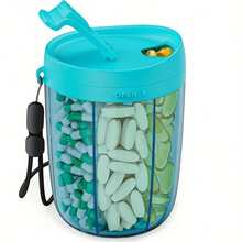 Portable Pill Organizer With Separate Compartments - Holds 6 Vitamins & Medications, Anti-Mixing Design, Wide Mouth Opening, Clear Viewing Window, Travel-Friendly Medicine Case With Carry Lanyard - Food Plastic Construction For Daily Use, Travel, Elderly & Busy Lifestyles, Compact Design, Secure Storage, Healthconscious Users - 藍色儲物瓶 - 查看 2