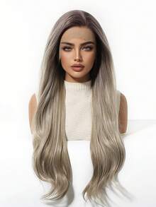 Long Curly 13*4 Lace Wig Ash Brown Ombre Fluffy Curly Heat Resistant Synthetic Lace Front Wig Perfect For Date Daily Wear & Special Occasions - Multicolor - View 2