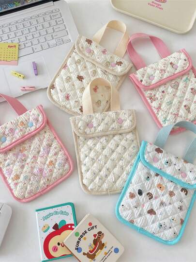 1pc Cute Printed Quilted Portable Travel Makeup Bag Handheld Cosmetic Organizer