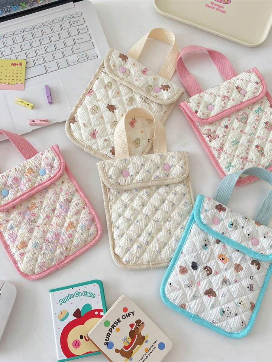 1pc Cute Printed Quilted Portable Travel Makeup Bag Handheld Cosmetic Organizer - Multicolor - View 1