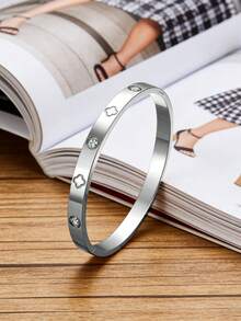 1pc Fashionable Luxury Stainless Steel Rhinestone Bangle Bracelet, Suitable For Daily Wear - Silver - View 4