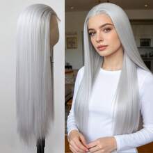 ZigZag Hair 13x4 Lace Front Wig, Heat Resistant Fiber, 180% Density, Pre-Plucked Natural Hairline, Suitable For Daily, Festival And Party Wear, Available In Light Blue, Ginger Brown, Silver - Multicolor - View 2