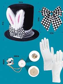 Bộ trang phục Thỏ Trắng (1 món/4 món/6 món) bao gồm băng đô tai thỏ, mũ lông mềm, kính đồng hồ, găng tay nơ, mũi thỏ, trang phục dự tiệc Phục Sinh. - Đàn ông - Xem 9