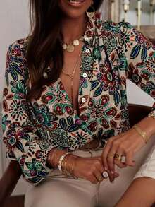 Áo sơ mi dài tay nữ phong cách Bohemian in họa tiết Paisley, thiết kế nhiều nút cài, cổ mở - Màu xanh ngọc, cam, đỏ, xanh dương, xanh lá cây, trắng và đen rực rỡ - Phù hợp cho cả mùa thường ngày lẫn bán trang trọng - Có thể giặt máy - Áo kiểu thanh lịch mùa xuân - Nhiều màu - Xem 3