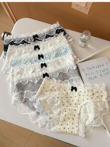 5-Piece European And American Style New Women's Pastoral Retro Lace Trim Panties Mid-Waist Comfortable Skin-Friendly Cute Sweet Girl Triangle Panties Set - 5 cái - Xem 2