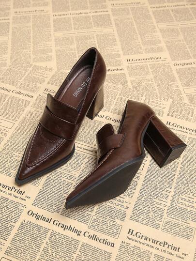 2026 Spring New Women's Pointed Toe Retro College Style High Heel Shoes, Small Leather Shoes, Work Shoes, British Style Chunky Heel Casual Commuter Slimming Chic Black & Burgundy