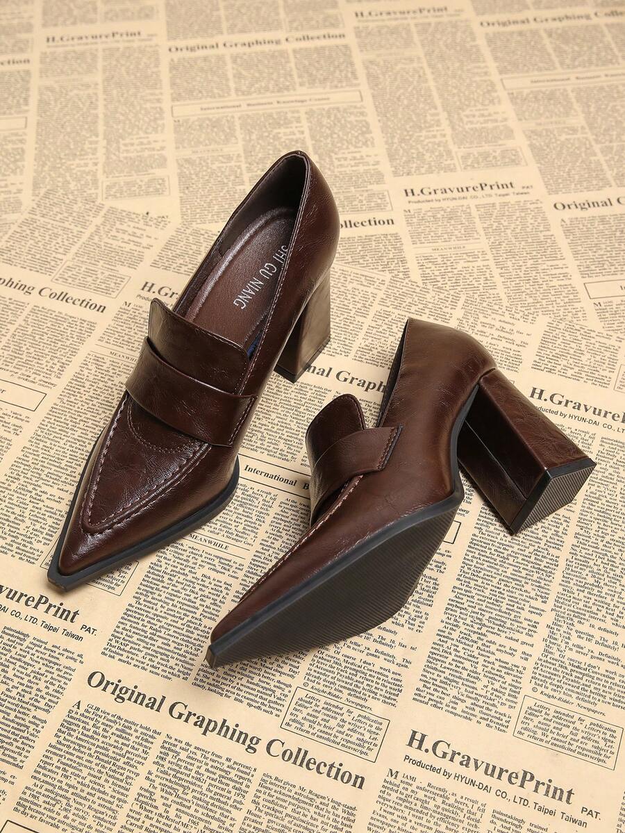 2026 Spring New Women's Pointed Toe Retro College Style High Heel Shoes, Small Leather Shoes, Work Shoes, British Style Chunky Heel Casual Commuter Slimming Chic Black & Burgundy - Burgundy - View 1