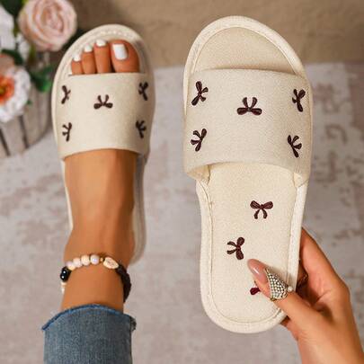 New Women's Plush Slippers, Faux Rabbit Fur Embroidered Floral Indoor Casual Autumn/Winter House Slide Slippers, Women's Warm Slippers