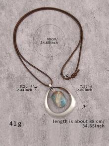 1pc Bohemian Alloy & Resin Pendant Necklace, Women's Brown Wax Rope Long Chain Fashion Pendant, Party Gift, Gift For Girlfriend Or Mother - Silver - View 9