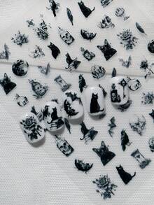 1张暗黑魔法主题美甲贴纸，包含黑猫、骷髅头、药水瓶、蝙蝠、乌鸦、羽毛、玫瑰、月亮元素，营造神秘巫术氛围，适合哥特、巫术和神秘主义风格的美甲装饰，打造独特的暗黑风格美甲。 - 黑與白 - 查看 4
