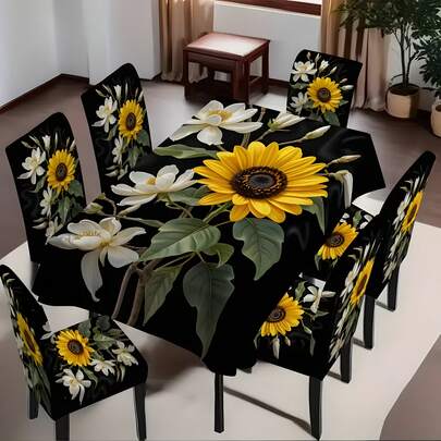 1/4/5/6/7 piezas Juego de mantel y funda para silla con diseño de girasol - Mantel rectangular engrosado para todas las estaciones con fundas de silla a juego, adecuado para el hogar, restaurante, hotel, fiesta (todo el año) - Decoración floral de fácil cuidado