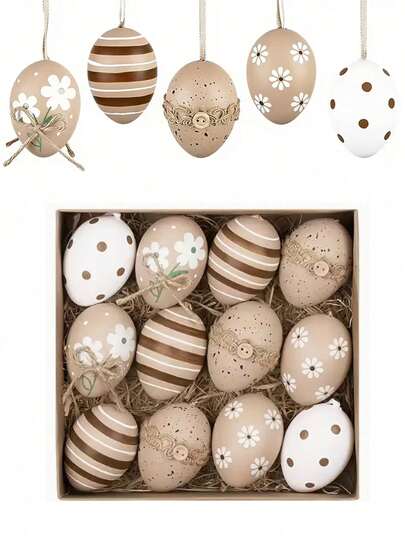 12 st hängande påskägg i plast, 6 cm ljusvita påskägg, splittersäkra, bohemisk stil, lämpliga för påskkorgar, heminredning och påskpresenter, perfekta för påsk, vårfester, födelsedagar och vardaglig heminredning