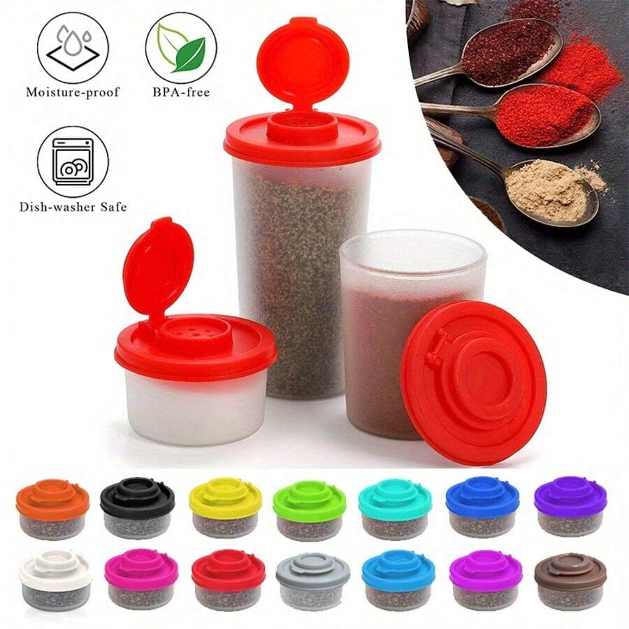 Feuchtigkeitsbeständige Salzglas-Set, Outdoor Camping Picknick Küchen Lunchbox Reise Gewürz Aufbewahrungsglas mit transparentem rotem Deckel, luftdichtes Gewürz Glas, Grillgewürz Glas, Pulver Streuer Glas, Küchen Zubehör Gewürzregal, Salz- und Pfefferstreuer - Verschiedenfarbig - Übersicht 1