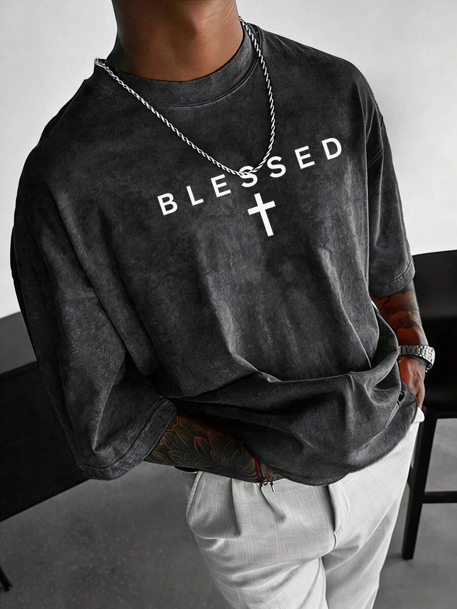 Zrgoth 男士休闲百搭简约胸前图案英文标语印花短袖T恤 - 深灰色 - 查看 1