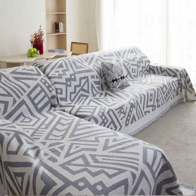 1pc Geometric Pattern Sofa Cover, Chenille Tasseled Sofa Protector, Sofa Blanket Suitable For Living Room, Bedroom, Office, Home Decor, For 1/2/3/4 Seater Sofas(Covers For Sectional Sofa Sold Separately)