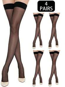 4Pairs Thigh High Stockings With Silicone Top For Anti-Slip Thigh High Stockings For Women - 黑絲黑邊4雙 - 查看 1