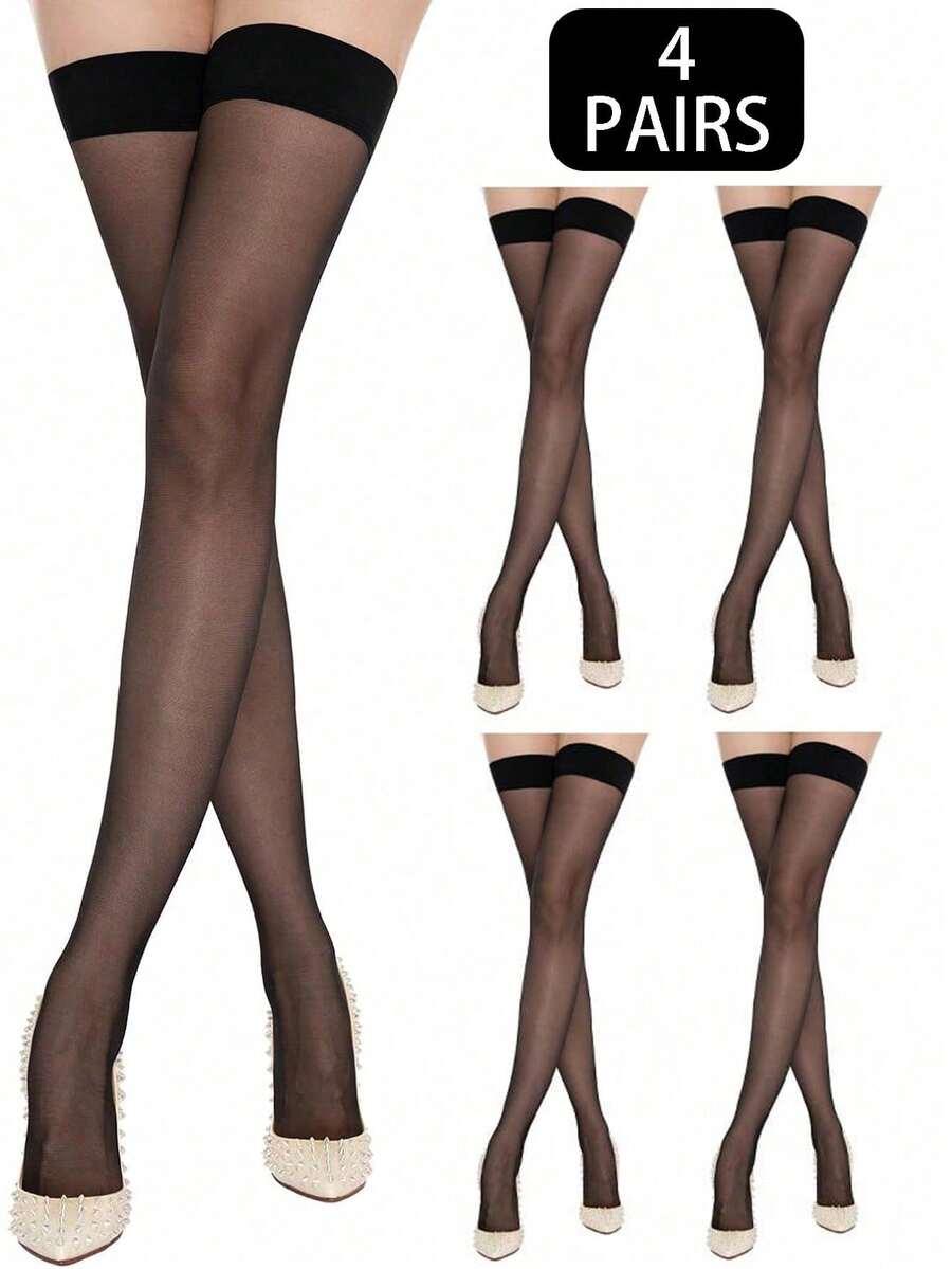 4Pairs Thigh High Stockings With Silicone Top For Anti-Slip Thigh High Stockings For Women - 黑絲黑邊4雙 - 查看 1