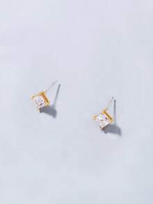 2pcs Girl's Square Cubic Zirconia Stud Earrings, Basic Daily Accessory - Gold - View 4