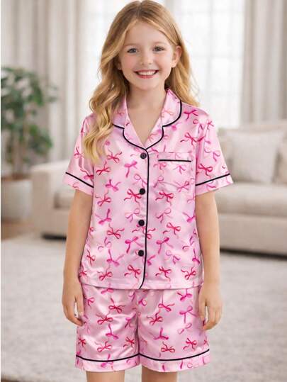 2pcs Tween Girl Pink Bow Short Sleeve Shorts Pajama Set